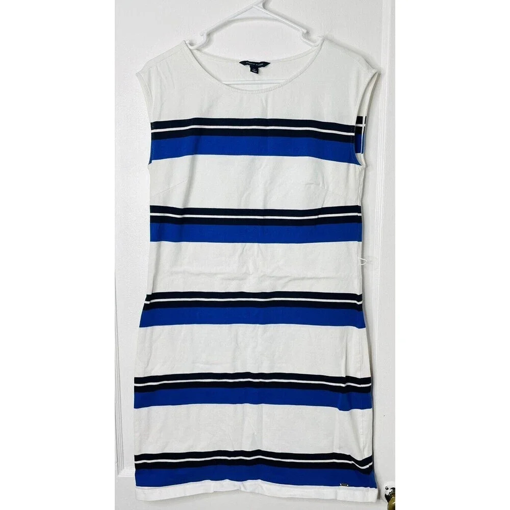 Tommy Hilfiger Womens Sz S Shirt Dress Stripe White Blue Stretch Sleeveless